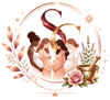 A stylized circular graphic featuring four pregnant women in white dresses standing together, surrounded by a large metallic rose-gold and gold monogram letter 'S', decorative leaves, flowers, a pink rose, and a gold mortar and pestle on a light gray background.